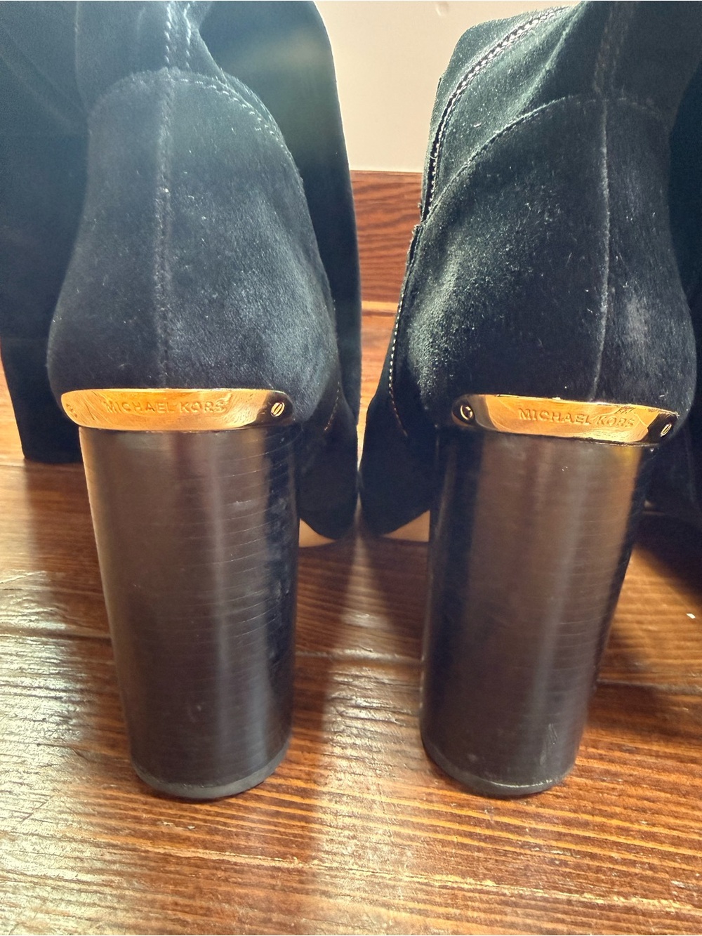 Michael Kors Black Suede Knee-High Platform Boots with Gold Zip Accent - Picture 6 of 6